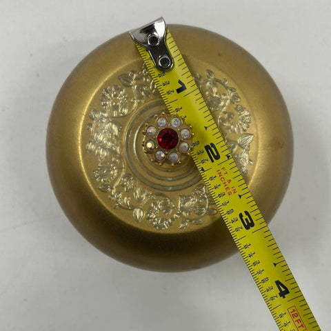 Vintage 70s Lady-Mate Gold Musical Powder Jar Trinket Box Sankyo Jeweled Lid