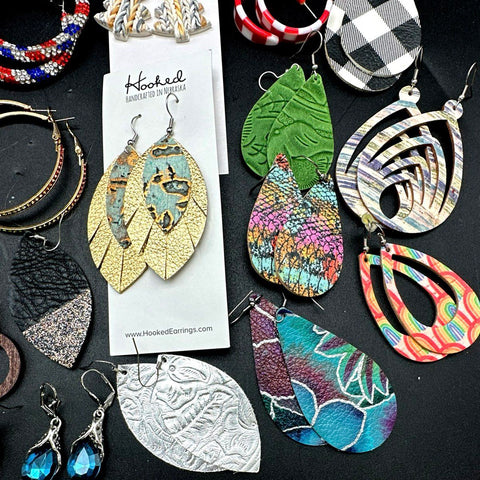 Hooked Handcrafted Faux Leather Cork Jewelry Lot 25 Pairs Earrings Hoops Boho