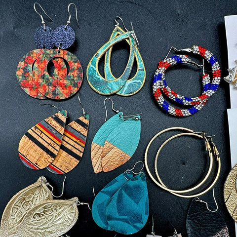 Hooked Handcrafted Faux Leather Cork Jewelry Lot 25 Pairs Earrings Hoops Boho