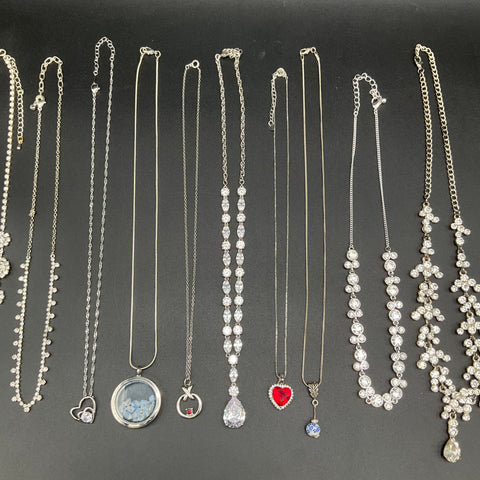 Fashion Jewelry Necklace Lot 11pc Silver Tone Rhinestone Faux Pearl Heart Locket