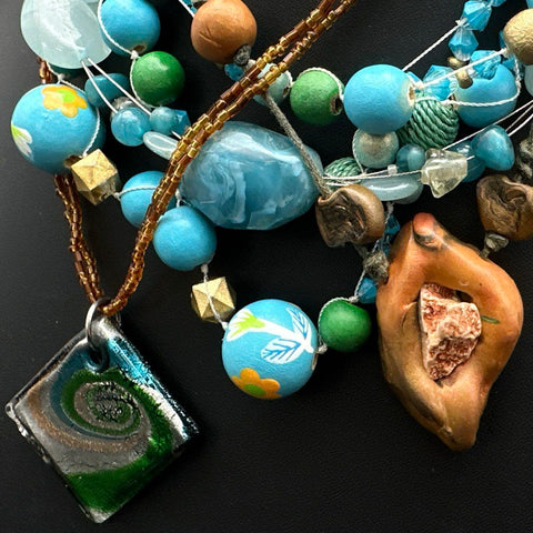 Bohemian Beaded Fashion Necklace Lot Shell Glass Ceramic Eclectic Artsy