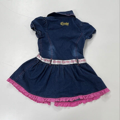 Dereon Girls Blue Denim Dress Pink Eyelet Ruffle Hem Logo Belt Size 4T