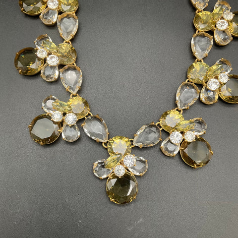 J. Crew Crystal Statement Necklace Gold Tone Yellow Clear Cluster Signed 18"
