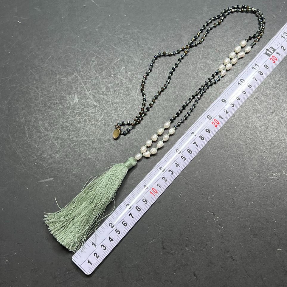 Zacasha Pearl Green tassel Multifaceted Beaded Necklace