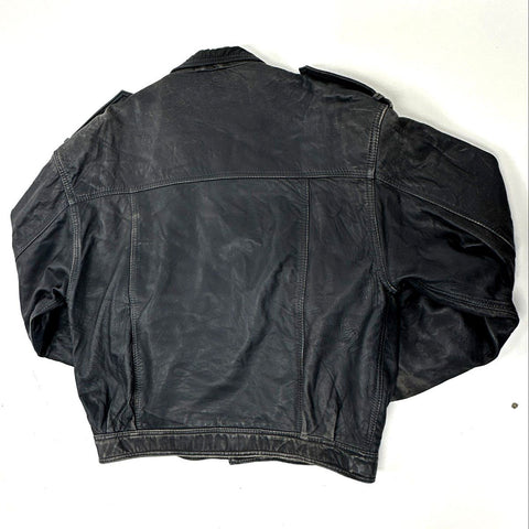 Vintage 80s Philippe Monet Leather Bomber Jacket Black Epaulets Taiwan Sz 42