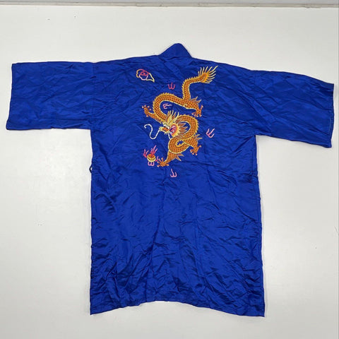 Vintage 90s Golden Dragon Hand Embroidered 100% Silk Robe Blue Sz M
