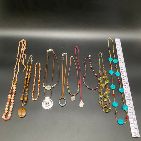 Mixed Costume Jewelry Necklace Lot 10 Pc Boho Beaded Earthy Silver Gold Tone