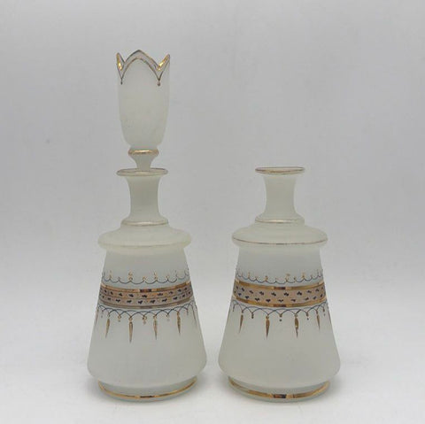 Vintage Frosted Satin Glass Decanter Set Gold Trim Hand Painted 2 Pcs 1 Stopper
