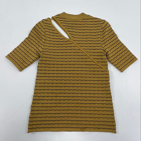 Paola Bernardi Women's Mustard Yellow Striped Ribbed Cutout Knit Top Size M