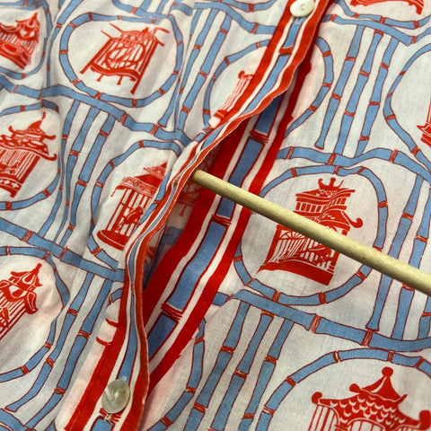 Gretchen Scott Chinoiserie Bird Cage Print Cotton Button Up Shirt Women's XL