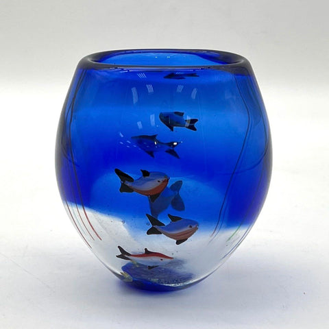 Art Glass Bowl Encased Fish Design Cobalt Blue Cased Glass 6 Inch Vintage