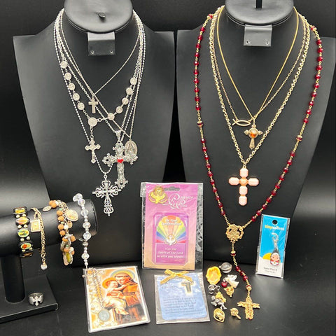 Religious Cross Costume Jewelry Necklace Bracelet Pin Rosary Lot of 25 Pieces