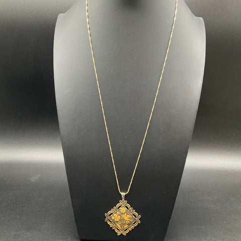 Vintage Damascene Pendant Necklace Gold Tone Filigree Frame Bird Floral 17"