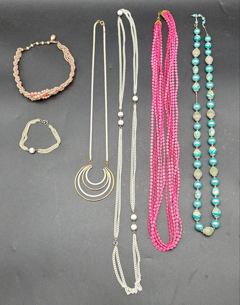 Vintage Costume Jewelry Lot 6pc Pink Blue Faux Pearl Necklaces Bracelet