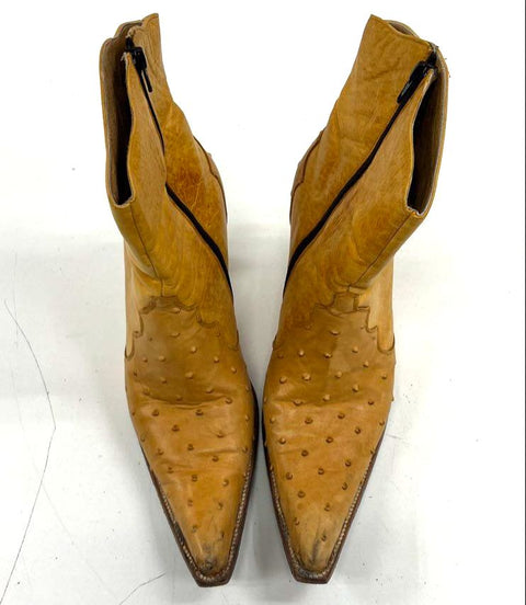 Y2K Soto Boots Tan Full Quill Ostrich Leather Heeled Ankle Boots Size 9.5