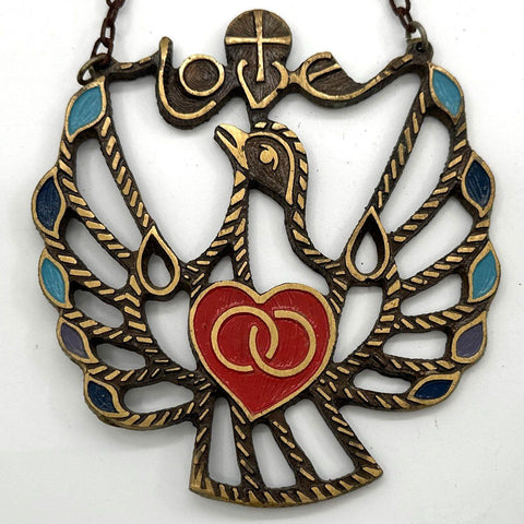 Terra Sancta Guild Vintage Bronze Enamel Dove Love Heart Hanging Art 4.5"