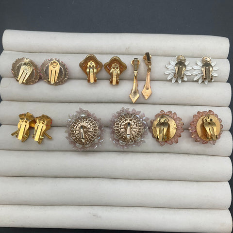 Vintage Floral Enamel Clip On Earrings Lot of 7 Pairs Mid-Century Retro Styles