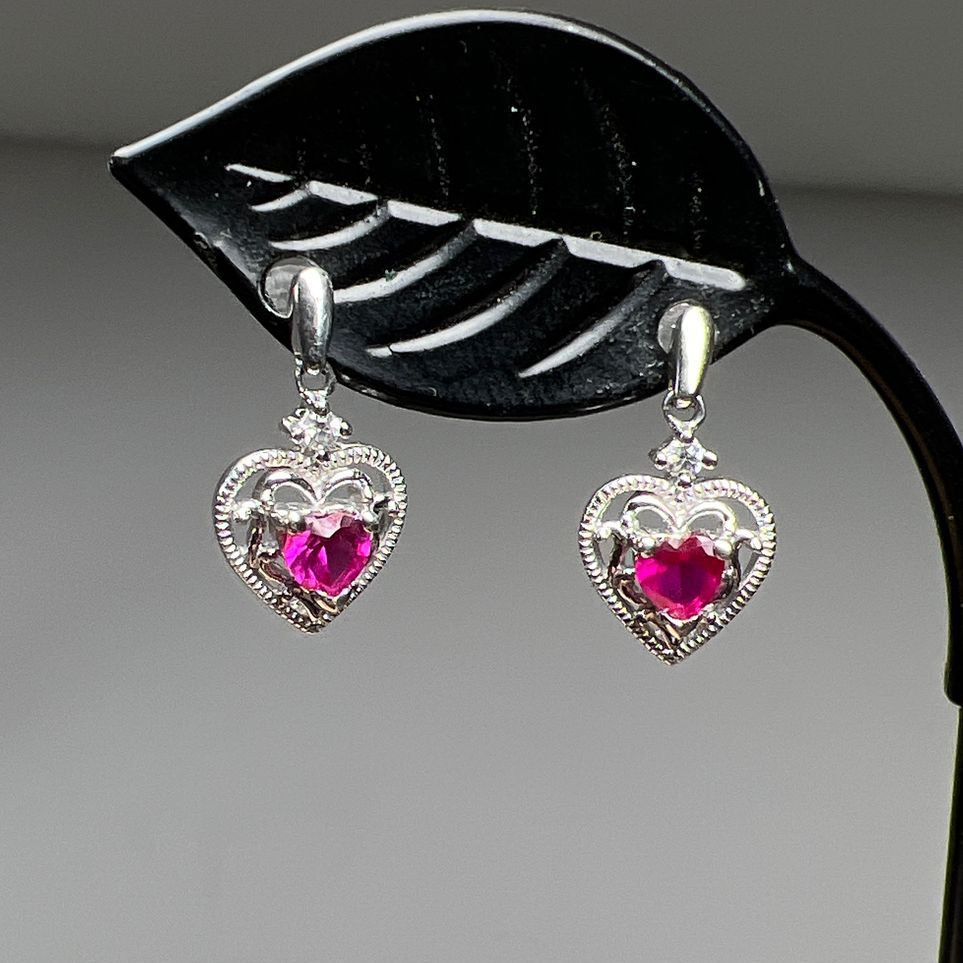 Sterling Silver Filigree Red Ruby Heart CZ Dangle Earrings 2.1g