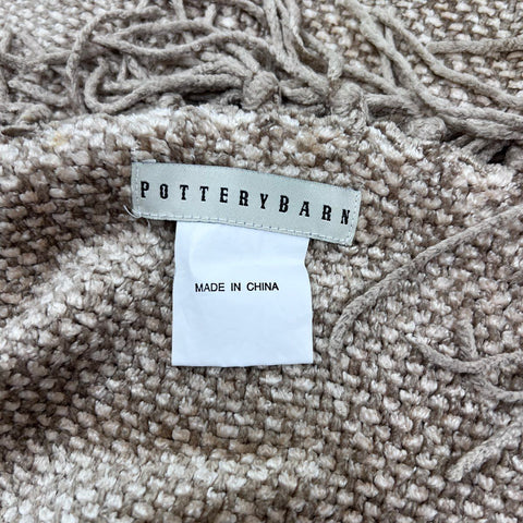 Pottery Barn Chenille Throw Blanket Taupe Textured Rayon Cotton Fringe 50x60