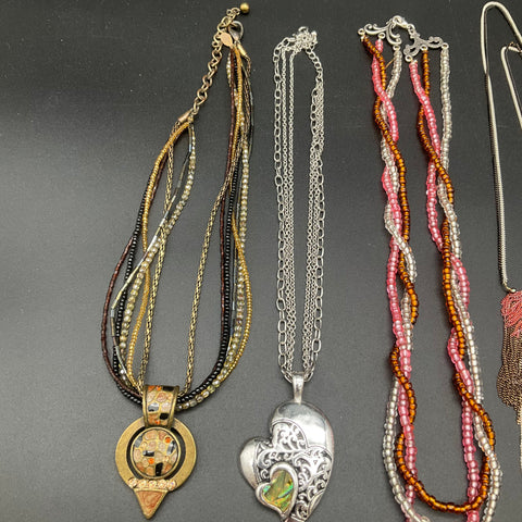 Vintage and Modern Costume Jewelry Lot 6 Necklaces Faux Pearl Heart Abalone