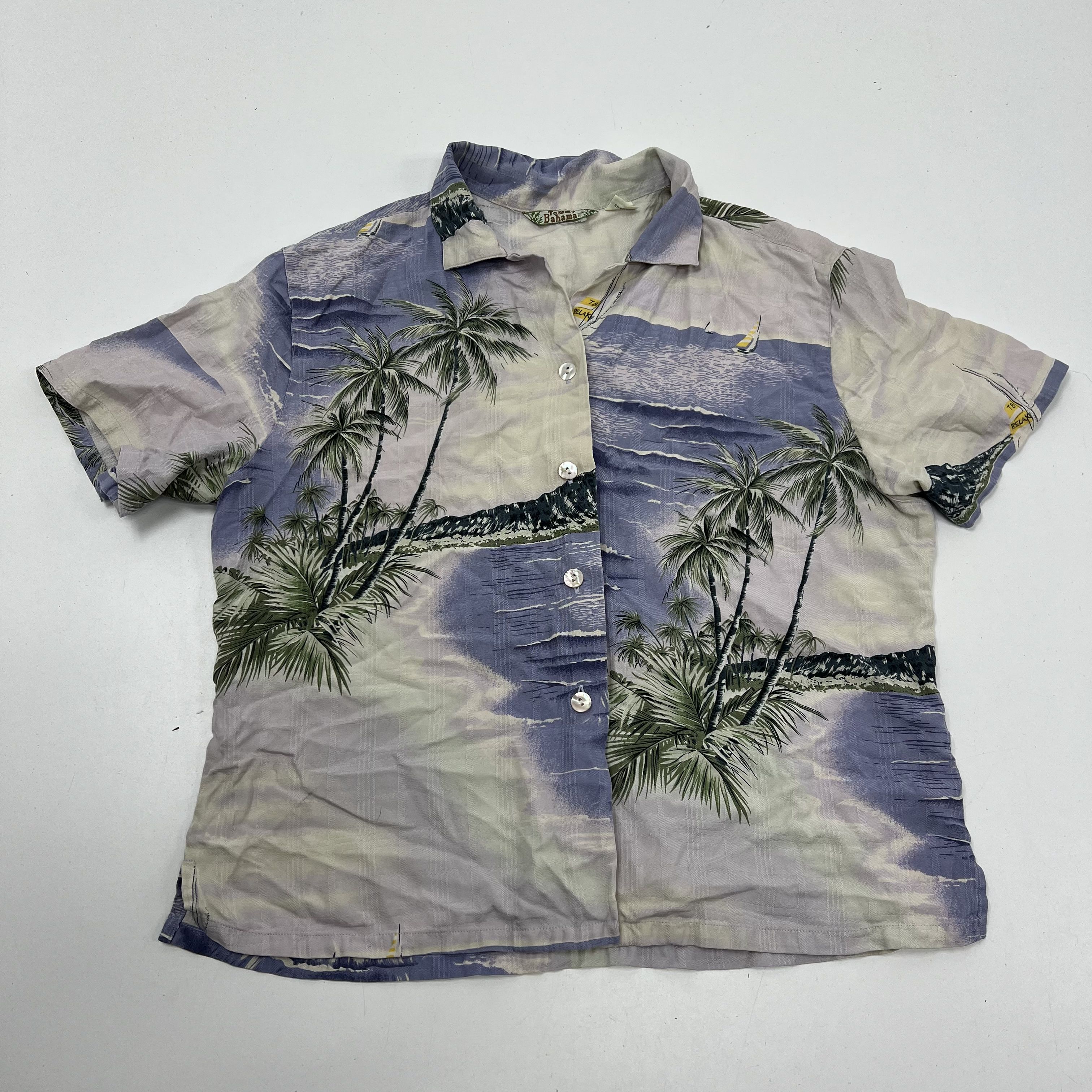 Tommy Bahama Purple Silk Hawaiian Tropical Print Camp Shirt Blouse Women's L