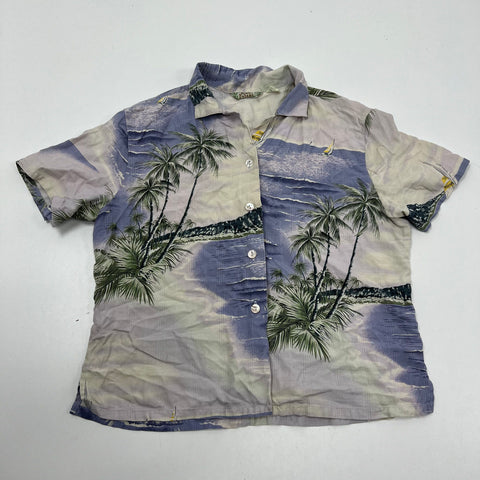 Tommy Bahama Purple Silk Hawaiian Tropical Print Camp Shirt Blouse Women's L