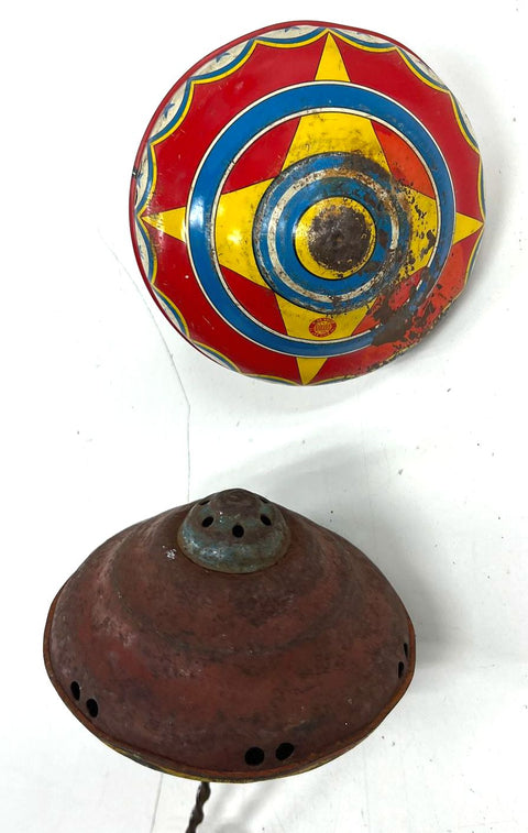 Vintage Toy Lot Fisher Price Music Box Teaching Clock & Tin Litho Spinning Tops