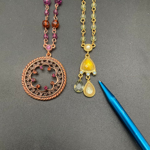 Vintage 1928 Jewelry Lot of 2 Necklaces Gold Copper Tone Rhinestone Bead