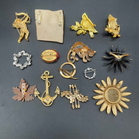 Vintage Costume Jewelry Lot 14 Brooches Animals Enamel Rhinestone Sandor Signed