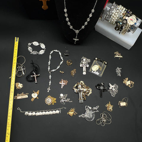 Religious Costume Jewelry Lot 45pc Crosses Rosaries Medals Vintage to Modern