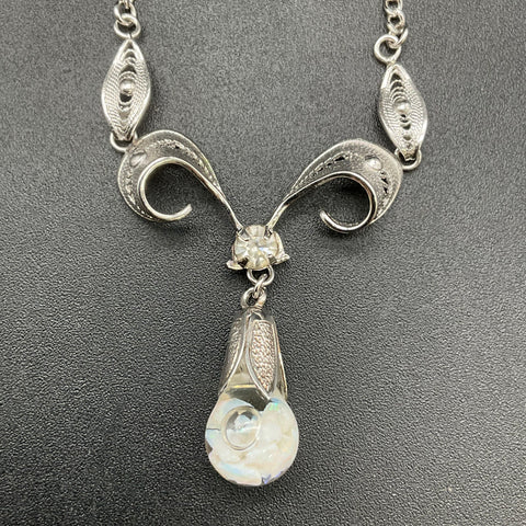 Vintage Espo Filigree Necklace & Screw Back Earrings Set Floating Opal Style