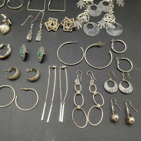 Silver Tone Fashion Earrings Jewelry Lot 32 Pairs Mixed Hoops Dangles Studs