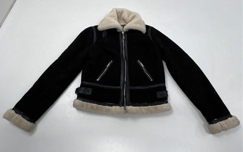 JouJou Women's Black Suede Faux Fur Trim Aviator Biker Zip Jacket Sz S