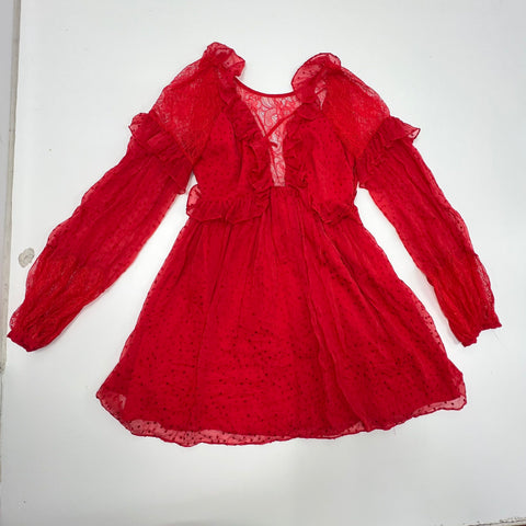 Free People Daliah Red Swiss Dot Lace Ruffle Long Sleeve Mini Dress Women's