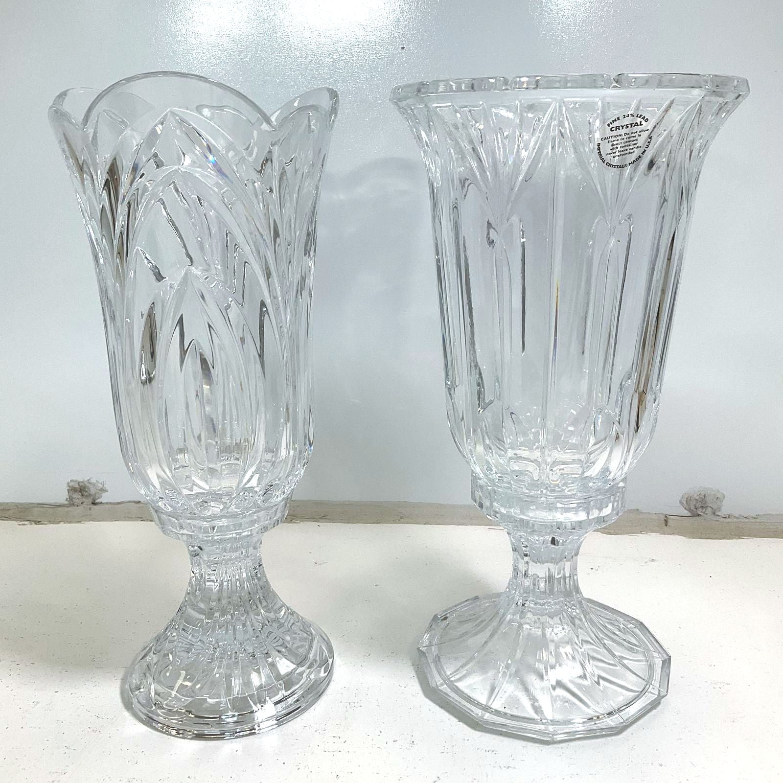 Imperial Crystal 24% Lead Hurricane Candle Holder Set 2 Mismatched Patterns