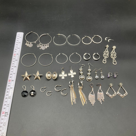 Silver Tone Rhinestone Hoop Dangle Jewelry Lot of 21 Pairs Earrings