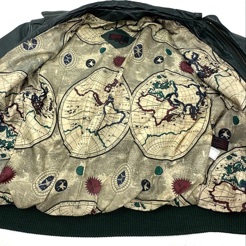 General Clothing Co Men's Green Leather Bomber Jacket Map Lining Sz S