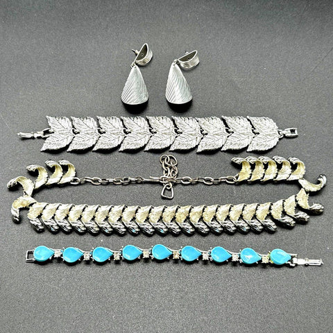 Vintage Silver Tone Jewelry Lot of 4 Botanical Leaf Blue Cabochon Rhinestone