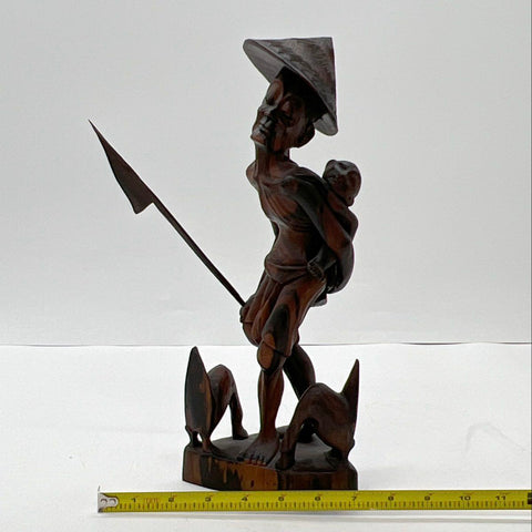 Hand Carved Wood Figure Man with Baby and Dogs Sculpture 13" Folk Art Vintage