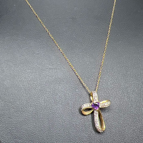 Vermeil 925 Sterling Silver Purple & Clear Gemstone Cross Pendant Necklace 1.96g
