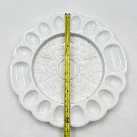 Vintage White Milk Glass Deviled Egg Tray Grape Vine Pattern 12 Slot 12 Inch