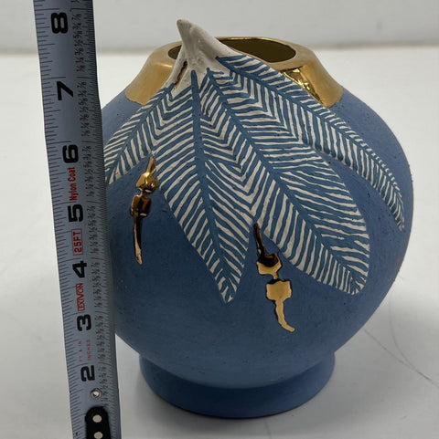 Vintage Blue Ceramic Art Pottery Vase Gold Gilded Rim Leaf Motif 8 Inch