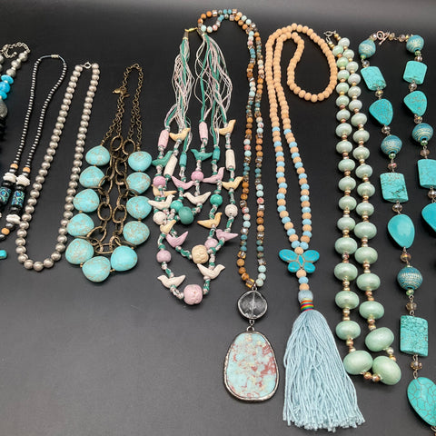 Boho Southwestern Fashion Jewelry Lot 10 Necklaces Faux Turquoise Beaded Tassel