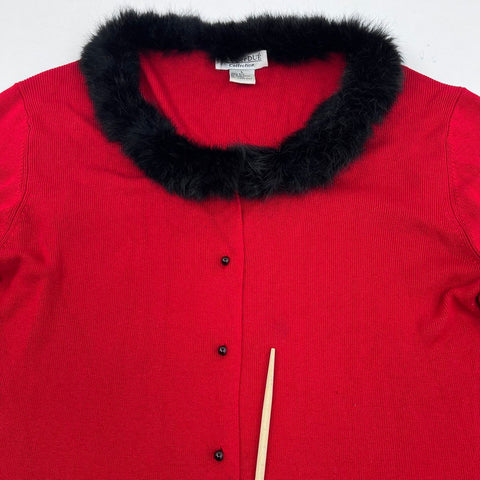 Due per Due Women's Red 100% Silk Cardigan Black Fur Trim Vintage Sz L