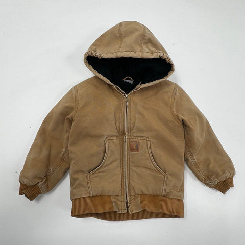 Carhartt Kids Active Jac Jacket Brown Duck Canvas Hooded Quilted Lined Sz S