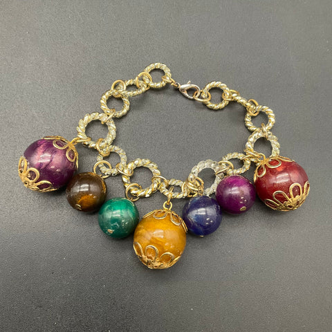Vintage Beaded Jewelry Lot 5 Necklaces & Charm Bracelet Gold Tone Carved Beads