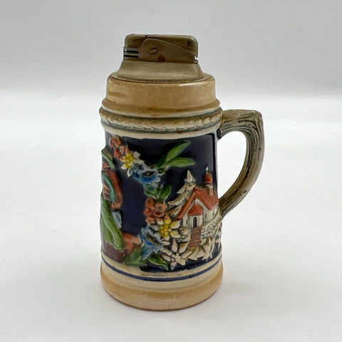 Vintage Ceramic Beer Stein Table Lighter Relief Scene German Style 6 Inch