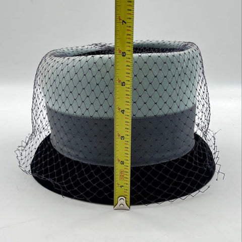 Vintage 60s Pillbox Hat with Veil Union Made Blue Gray Velvet 8" Diameter