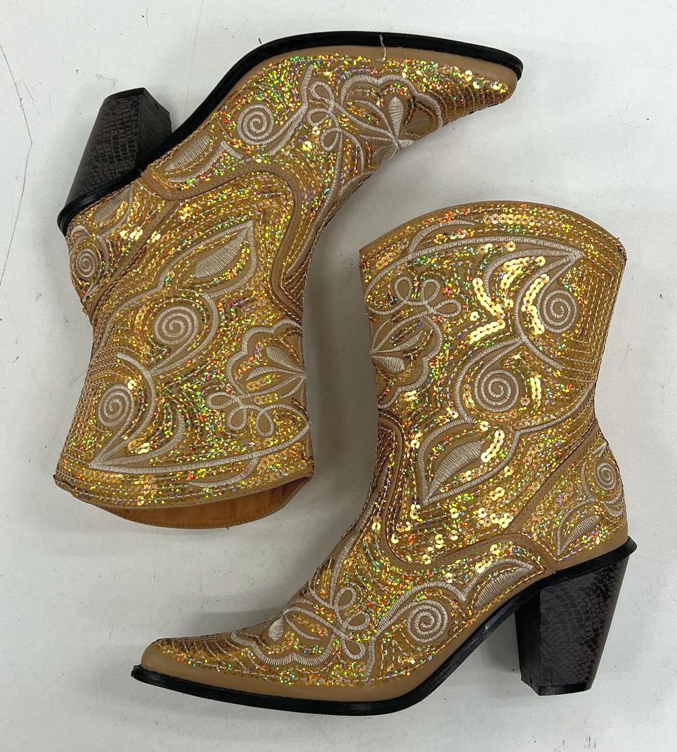 Helen & Heart Gold Tan Sequin Embroidered Western Cowboy Boots Women's Size 7