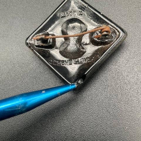 Vintage Czech Black Glass Cameo Brooch Pin Mercury Art Deco Style 1.25"